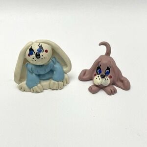 2 Denney Bunny Rabbit & Puppy Dog Miniature Figurines‎ 1989 Merry Happy Animals